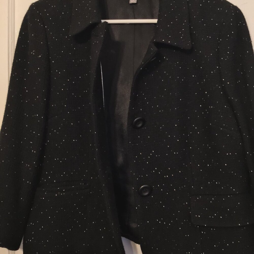Ann Taylor Blazer Size 12 Black White Flecked 3/4 Sleeves Pockets Wool Blend - Picture 7 of 7